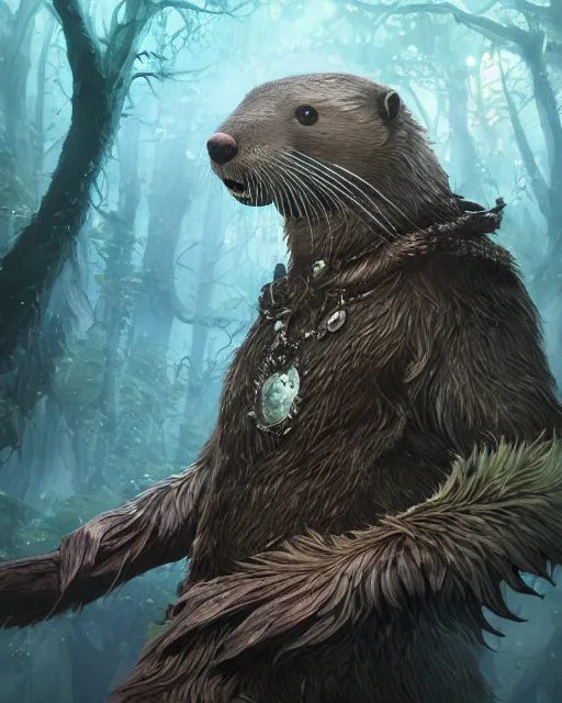 Image similar to Otter Shapeshifter Druid Mage, D&D, artstation, fantasy, magic the gathering artwork, cinematic lighting, centered, symmetrical, highly detailed, digital painting, , concept art, smooth, sharp focus, illustration, volumetric lighting, epic Composition, 8k, art by Akihiko Yoshida and Greg Rutkowski and Craig Mullins, oil painting, cgsociety