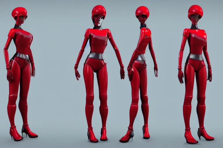 Prompt: 3d model sheet tpose turnaround of a cute sensual female sci fi character with black hair and red retrofuturistic space outfit with stylized pixar mom extreme proportions