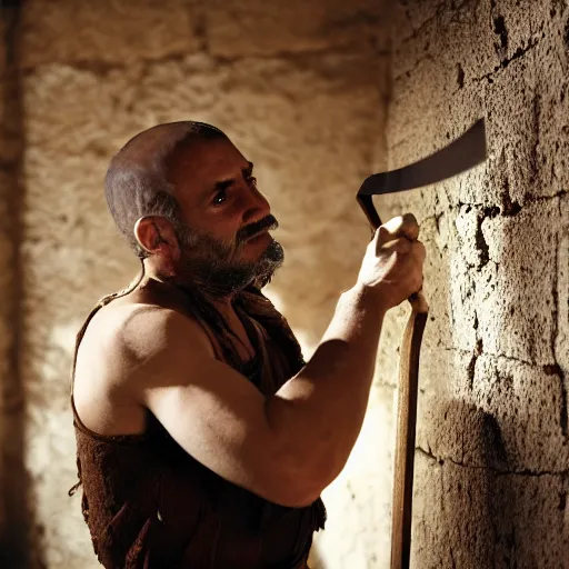Prompt: award winning cinematic still of 40 year old Mediterranean skinned man in Ancient Canaanite clothing fixing a crumbled wall in Jerusalem, holding a sword and a chisel, dramatic lighting, strong shadows, directed by Ridley Scott