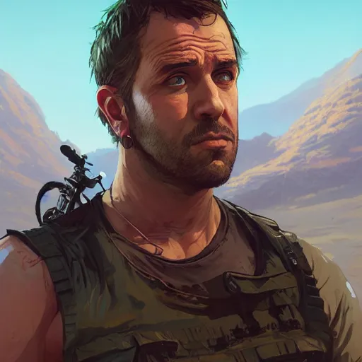 Prompt: highly detailed portrait rambo in gta v, stephen bliss, unreal engine, fantasy art by greg rutkowski, loish, rhads, ferdinand knab, makoto shinkai and lois van baarle, ilya kuvshinov, rossdraws, tom bagshaw, global illumination, radiant light, detailed and intricate environment