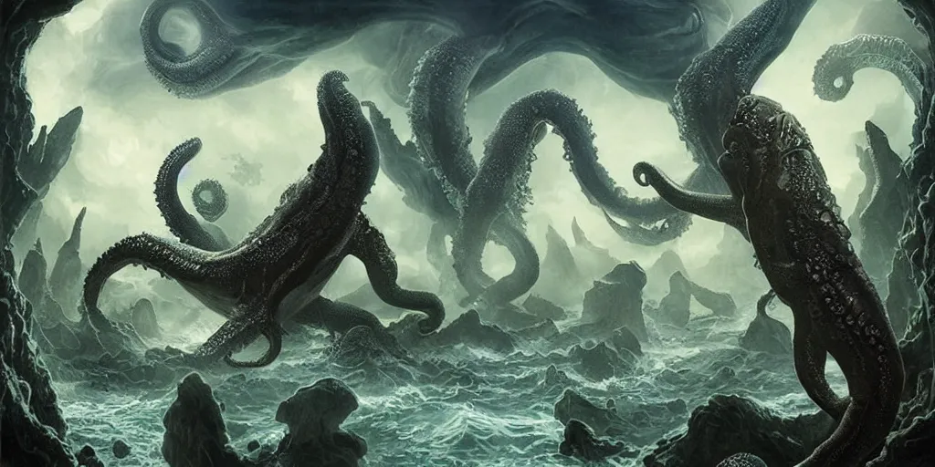 Image similar to Mythic Island, center Universe, Fantasy fairytale, Great Leviathan Turtle, cephalopod, Cthulhu Squid, hybrid, accompany Cory Chase, Blake Lively, Anya_Taylor-Joy, Grace Moretz, Halle Berry, Mystical Valkyrie, Anubis-Reptilian, Atlantean Warrior, hybrid, intense fantasy atmospheric lighting, hyperrealistic, François Boucher, Michael Cheval, Cozy, hot springs hidden Cave, candlelight, natural light, lush plants and flowers, Spectacular Mountains, bright clouds, luminous stellar sky, outer worlds, Jessica Rossier, michael whelan, William-Adolphe Bouguereau, HD,