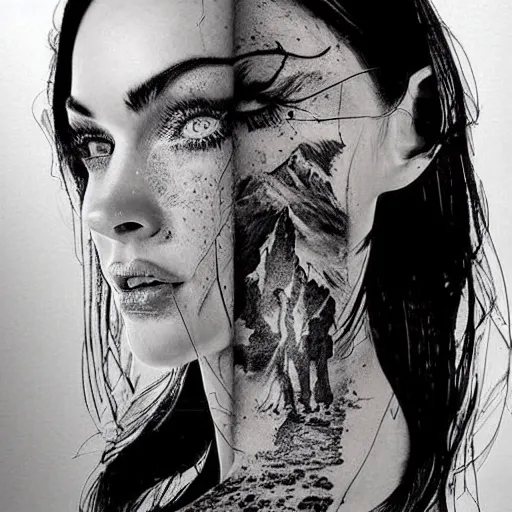 Image similar to double - exposure effect of megan fox face blended with beautiful mountains, in the style of dan mountford, amazing detail, black and white, tattoo sketch