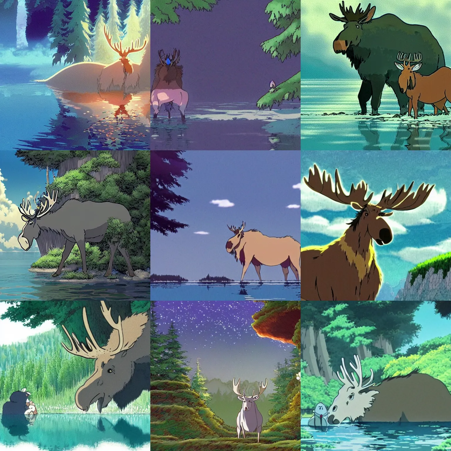 Prompt: a screenshot of the beautiful moose spirit from Studio Ghibli\'s \'Spirited Away\', immersed in nature