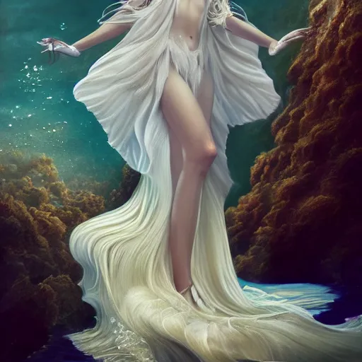 Image similar to breathtakingly detailed concept art painting full body painting, goddess floating on the sea bottom, blond hair in white sheer dress, orthodox saint ornate background, created by hsiao - ron cheng, very moody lighting, 8 k