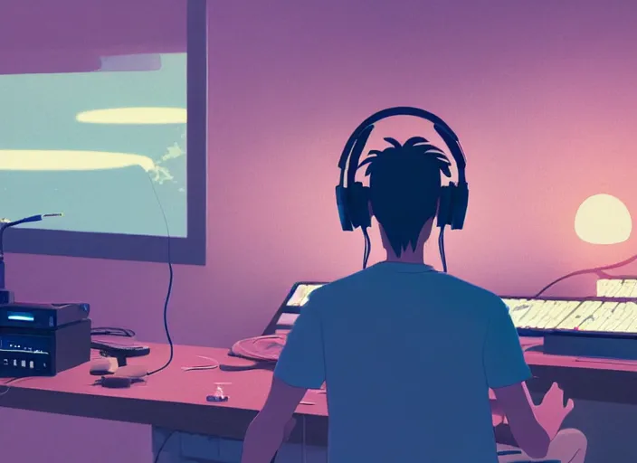 Image similar to man with headphones at his home studio producing music late at night, very detailed, 4 k, cory loftis, james gilleard, atey ghailan, makoto shinkai, goro fujita, studio ghibli, rim light, exquisite lighting, clear focus, very coherent, masterpiece