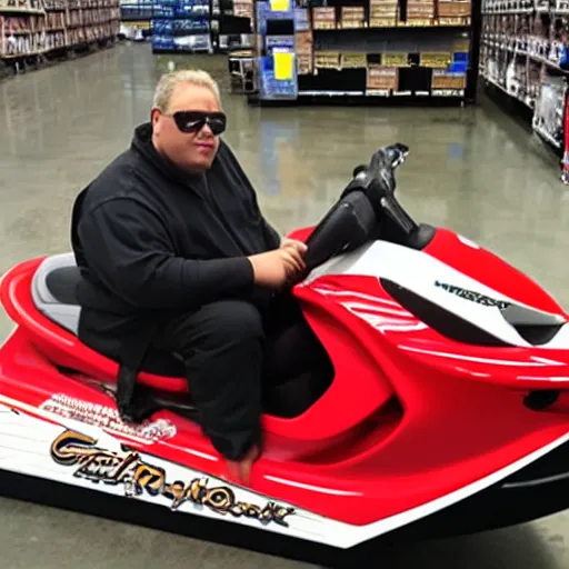 Prompt: NotoriousBIG riding jetski at costco