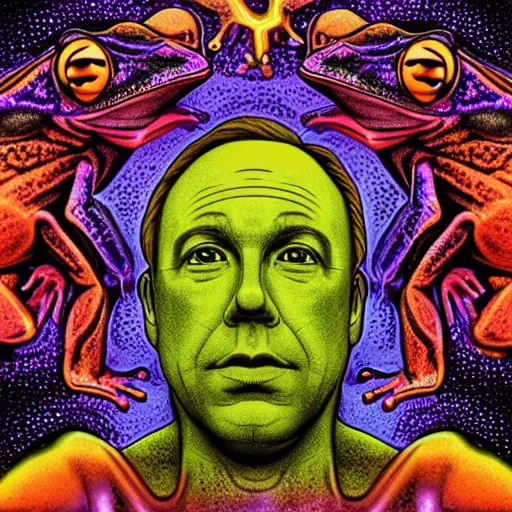 Image similar to Alex Jones turning thousands of frogs gay. Super resolution. Award winning illustration art in the style of Alex Grey