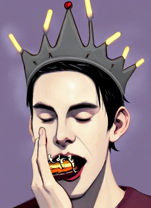 Image similar to portrait of teenage jughead jones wearing a light grey crown, crown, eating hamburger, eyes closed, crown, black hair, intricate, elegant, glowing lights, warm lighting, highly detailed, digital painting, artstation, concept art, smooth, sharp focus, illustration, art by wlop, mars ravelo and greg rutkowski