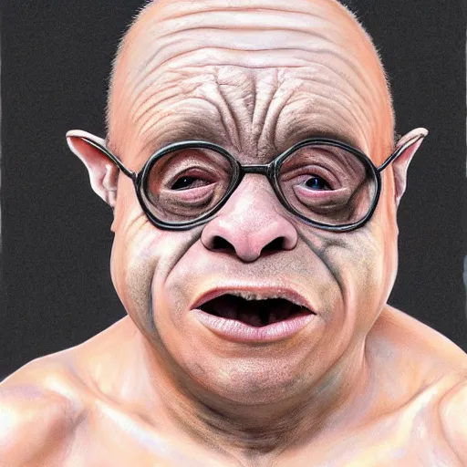 Image similar to hyperrealistic mixed media high resolution painting of Danny DeVito disguised as Gollum skulking in a dark cave, stunning 3d render inspired art by Jamie Salmon and István Sándorfi and Unreal Engine and Greg Rutkowski, perfect facial symmetry, dim volumetric lighting, 8k octane beautifully detailed render, full body shot, post-processing, extremely hyper-detailed, intricate, epic composition, highly detailed attributes, highly detailed atmosphere, cinematic lighting, masterpiece, trending on artstation, very very detailed, masterpiece, stunning, flawless completion, lifelike texture, perfection,