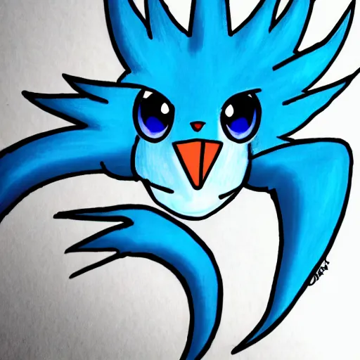 Prompt: articuno in a refrigerator, pokemon style drawing