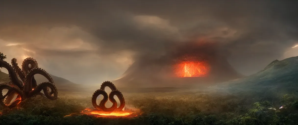 Image similar to a giant octopus god emerging over a rain forest, lightning, ambient sun, a volcano erupts, still from the movie the arrival, 8k