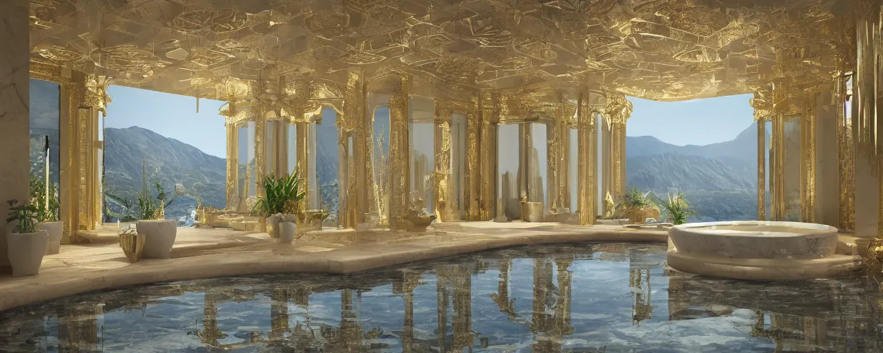 Image similar to 3 d render of a cinematic interior of a triple height hyper luxury spa with everything made of gold, candles, windows with view to desert mountains and river, beige stone marble floor with reflection, small wellness relaxation pool, potted plants, intricate hieroglyph detailed roof, contemporary design, fractal sacred geometry, 8 k, hyperrealistic, photorealism,