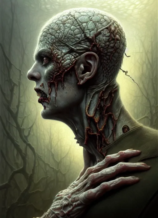 Prompt: portrait side profile shot of a pale blind zombie, a scenic dystopian environment, intricate, elegant, highly detailed, centered, digital painting, artstation, concept art, smooth, sharp focus, illustration, artgerm, tomasz alen kopera, peter mohrbacher, donato giancola, joseph christian leyendecker, wlop, boris vallejo