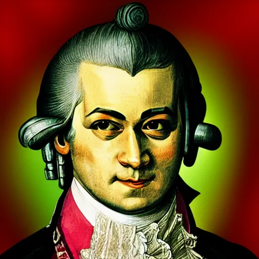 Image similar to Mozart with bloodshot eyes holding a weed joint in his hand, digital art