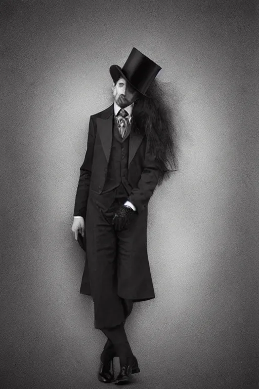 Prompt: elegant long hair lady wearing gentleman suit and tophat, mysterious, portrait, photorealism, noir, dark background