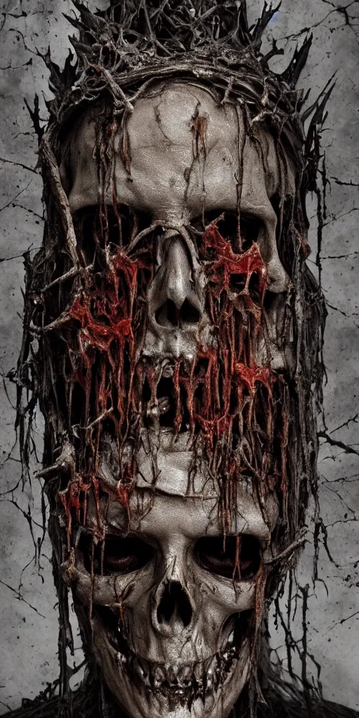 Image similar to full portrait of the decaying King of rot, crown made of rotting flesh, cloak, skull mask, realistic character concept, high fantasy, gothic, dark atmosphere, medium shot, symmetrical face, cinematic lighting, hyperdetailed, high resolution, insanely detailed and intricate, artstation, octane render, 8k, unreal engine