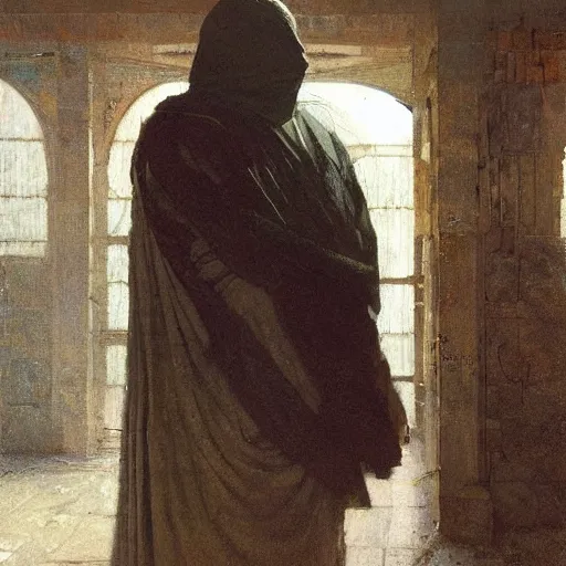 Image similar to half portait of magican wearing a closed cowl with big old book!, jeremy mann, jean leon gerome, alphonse mucha, greg rutkowski, hood covers his eyes, ( ( ruins of ancient rome ) ), at dusk, mysterious atmosphere, sunrays, dof, masterpiece, high detailed, 8 k