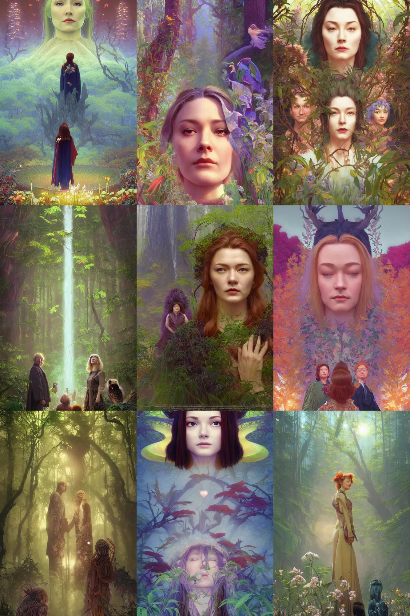 Prompt: Nature druid dreaming, character portrait Twin Peaks Movie poster, artwork by Chiho Aoshima, Donato Giancola, Craig Mullins, soft bokeh, a Rendering of a cinematic beautiful closeup moment of friends standing facing toward their love, full of details, Matte painting, trending on artstation and unreal engine by Alphonse Mucha
