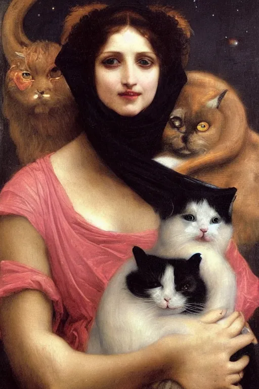 Image similar to a renaissance oil painting by alma tadema of demonic vampire evil woman with mischievous smile and fish eyes hugging a large fluffy cat, colourful pastel trending artstation, detailed portrait academic bouguereau high shadow contrast medium shot, sharp focus cosmic nebula background