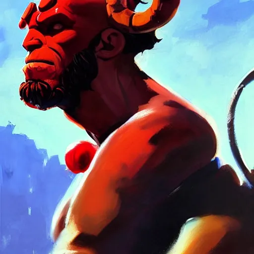 Image similar to greg manchess portrait painting of hellboy as overwatch character, medium shot, asymmetrical, profile picture, organic painting, sunny day, matte painting, bold shapes, hard edges, street art, trending on artstation, by huang guangjian and gil elvgren and sachin teng