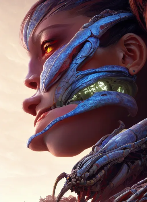 Image similar to asymmetrical!! portrait of an alien with parts of other aliens forming its face in the style of, machine face, intricate, elegant, highly detailed, digital painting, artstation, concept art, smooth, sharp focus, illustration, art by artgerm and greg rutkowski and alphonse mucha, horizon zero dawn 8 k