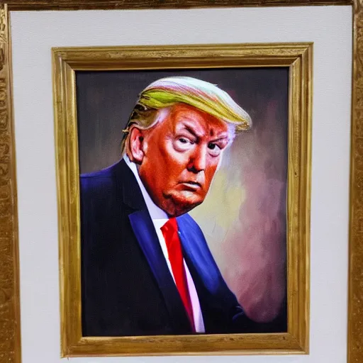 Prompt: unfinished oil painting of Donald trump in a basket