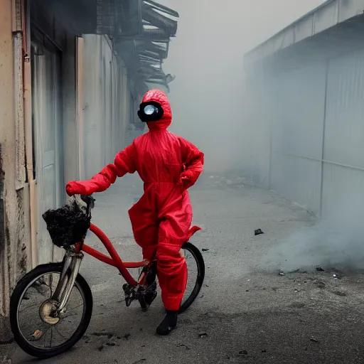 Image similar to a photo of a female wearing a hazmat suit, riding a bike, side-view, smoke in the background, filthy streets, broken cars. Vines growing. Jpeg artifacts. Full-color photo. Color color color color color. Award-winning photo. Samyang/Rokinon Xeen 50mm T1.5