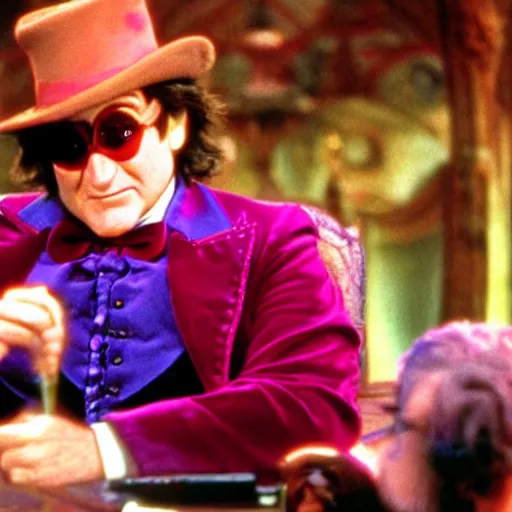 Image similar to stunning awe inspiring robin williams as willy wonka, movie still 8 k hdr atmospheric lighting