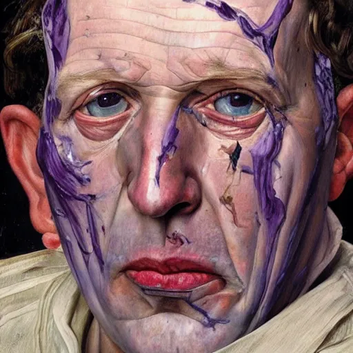 Image similar to high quality high detail painting by lucian freud, hd, purple scars