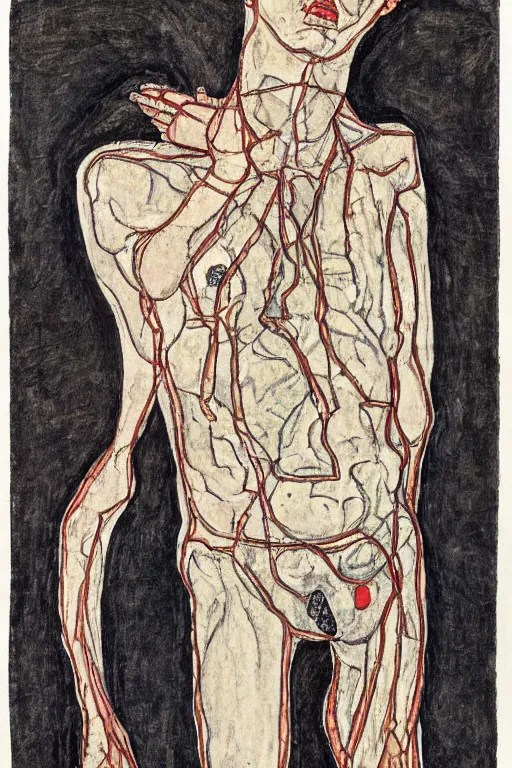 Prompt: a contemporary graphic drawing of a body turning into an loss of shame by Egon Schiele, Max Erns