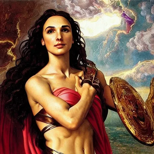 Prompt: Full body oil painting of the beautiful woman Gal Gadot, she is wearing some withe ancient roman cloths and a surreal ornate, her hair is natural disheveled, she is approaching heaven, people are claiming for her, she is attracting lightnings, naturalism, dramatic lighting, high-detailed oil painting by Ilya Repin, Michelangelo da Caravaggio, William Blake, Alex Grey and Beksinski, trending on Artsatio, hystorical painting, masterpiece, 4k, 8k,