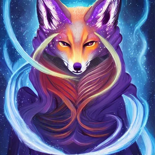 Prompt: a painted avatar portrait of an awesome cosmic powerful humanoid kitsune fox mage themed around life and death and the stars and the cosmos, in the style of dnd beyond avatar portraits, beautiful, artistic, elegant, lens flare, magical, lens flare, nature, realism, stylized, art by jeff easley