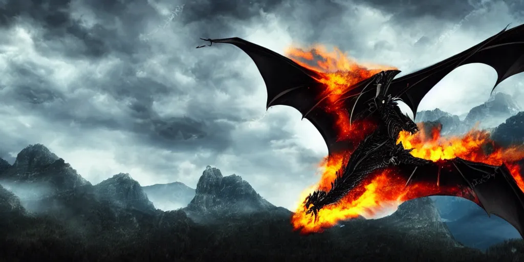 Image similar to a powerful flying black fire Dragon spitting fire in the foreground, big Mountains and wide forrests with trees are in the Background, stormy weather at night ,cinematic Style, hyperrealistic