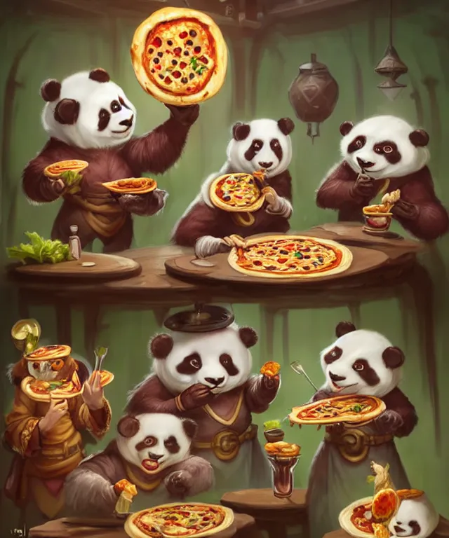 Image similar to a portrait of three anthropomorphic panda mages eating pizza and salad, wearing mage robes, restaurant in background, cute and adorable, dnd character art portrait, well rendered matte fantasy painting, deviantart artstation, by jason felix by steve argyle by tyler jacobson by peter mohrbacher, cinematic lighting