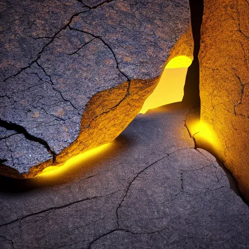 Prompt: photograph of a cracked stone with warm yellow light streaming out of the crack, fantasy, magical, mysterious, cinematic lighting, enhanced, rim lighting, studio photo, hd, 8k