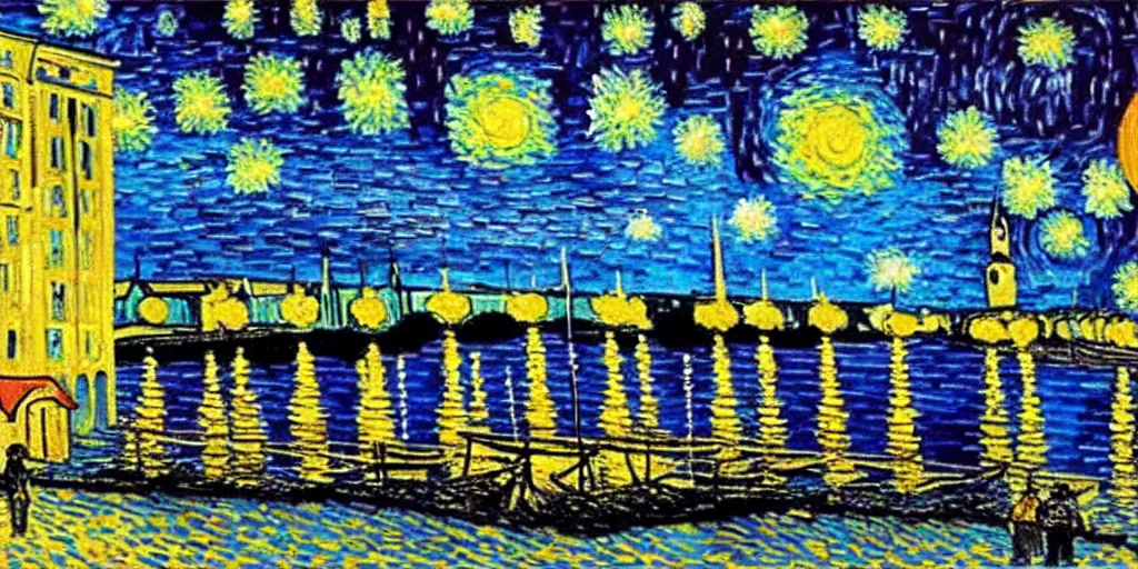 Image similar to a painting of the city of Rostock in the style of Vincent van Gogh, starry night, blue and yellow