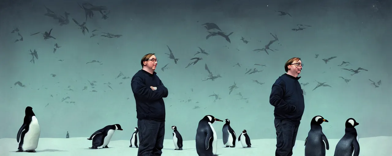 Image similar to duotone abstrac tconcept illustration 3 / 4 portrait of linus torvalds with penguins in the background. cinematic scene. vlumetric lighting. golden rario accidental renaissance. by sachin teng and sergey kolesov and ruan jia and heng z. graffiti art, scifi, fantasy, hyper detailed. octane render. concept art. trending on artstation