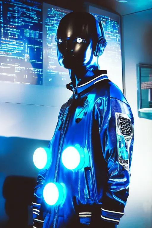 Image similar to a cyberpunk humanoid robot with a blue led face wearing a bomber jacket and air jordans