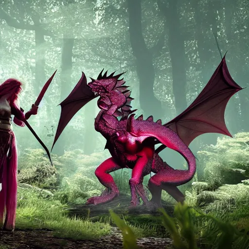 Prompt: a girl dressed in a pink knight armor fights a huge red dragon in the deep forest, cinematic lighting, highly detailed, dark atmosphere, unreal engine,