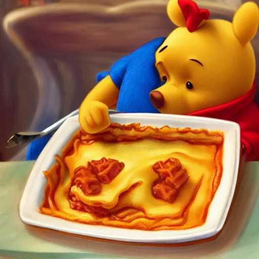 Prompt: president winnie the pooh eating lasagne, award winning photography, extremely detailed, artstation, 8 k, sensual lighting, incredible art, wlop, artgerm