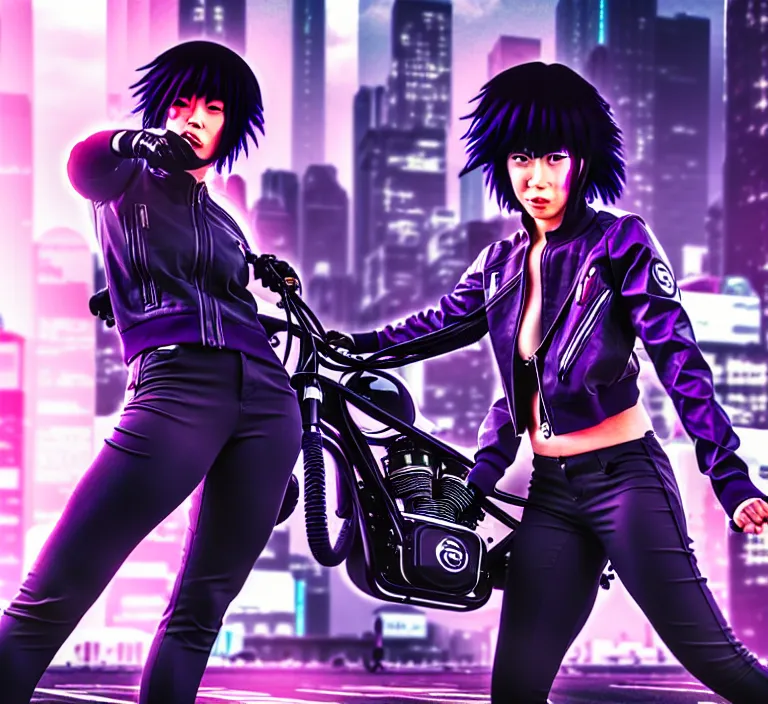 Image similar to motoko kusanagi riding a cyberpunk vehicle in a grungy cyberpunk megacity, bosozoku gang war, cyberpunk vaporwave, artgerm, sola digital arts, anti aliasing, raytracing