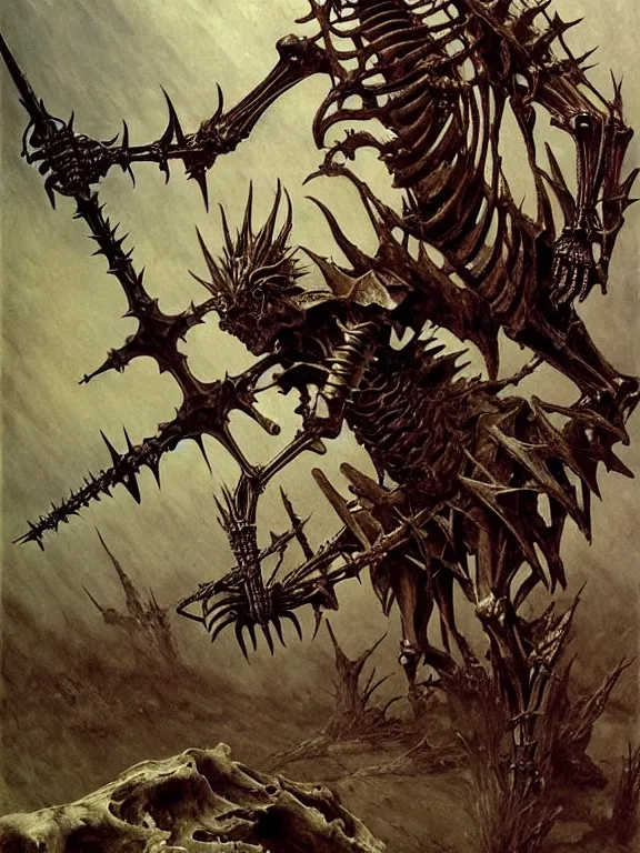 Prompt: A spiky horned skeleton with armored joints stands with a huge two-handed weapon. Extremely high detail, realistic, fantasy art, solo, bones, masterpiece, saturated colors, tangled, ripped flesh, art by Zdzisław Beksiński, Arthur Rackham, Dariusz Zawadzki