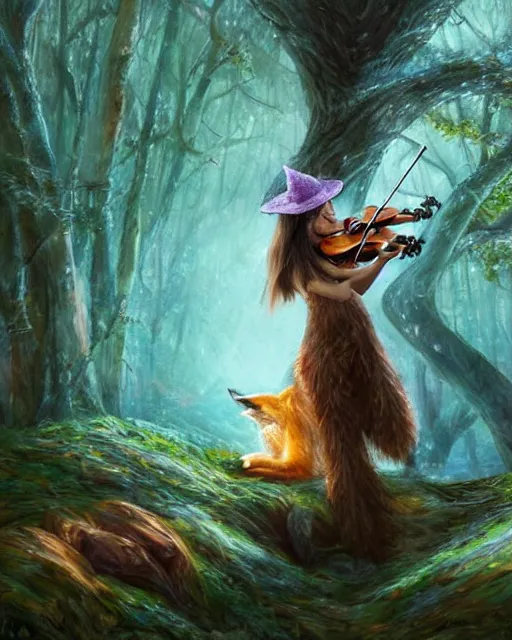 Image similar to Fox playing violin in magical forest, portrait, wearing hat, magical notes, fairy atmosphere, magic the gathering artwork, D&D, fantasy, cinematic lighting, centered, symmetrical, highly detailed, digital painting, artstation, concept art, smooth, sharp focus, illustration, volumetric lighting, epic Composition, 8k, art by Akihiko Yoshida and Greg Rutkowski and Craig Mullins, oil painting, cgsociety