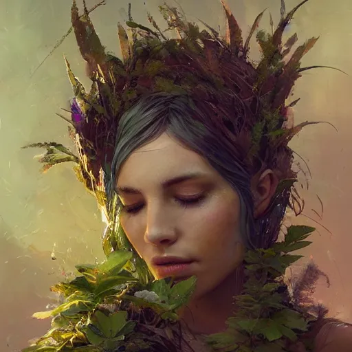 Image similar to a beautiful portrait of a plant goddess with closed eyes by Greg Rutkowski and Raymond Swanland, wet leaves, Trending on Artstation, ultra realistic digital art