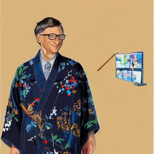 Image similar to Bill gates wearing a kimono, drawn in the style of Konstantin Razumov, Stanley Artgerm Lau and Rossdraws, extremely detailed, fractal frame