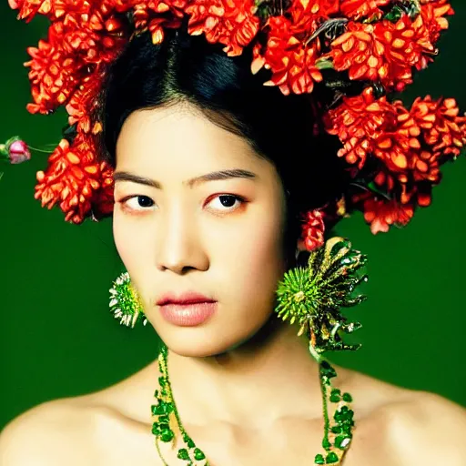 Image similar to photography of the asian queen sitting in the flower thorn, beautiful face, masterpiece costume, jewellery, high quality, elegant, emotionally touching, cool, deep gaze, mystery, tenderness, david lachapelle style