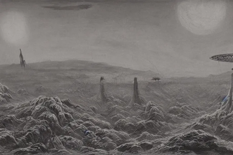 Image similar to salusa cecundus prison planet landscape, by stalenhag, beksinski, william blake, retro sci - fi movie, highly detailed, photorealistic, 1 9 0 0 s photo