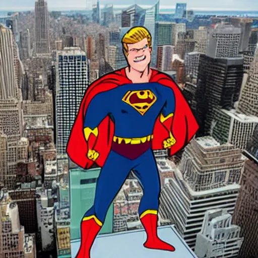 Prompt: superhero captain chuckles stood on the top of a building overlooking new york, marvel style