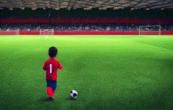 Prompt: a little boy with a soccer ball under his arm as seen from the back stands next to a soccer field and looks hopefully at a full soccer stadium and hopes he can join the first team, diffuse light, octane render