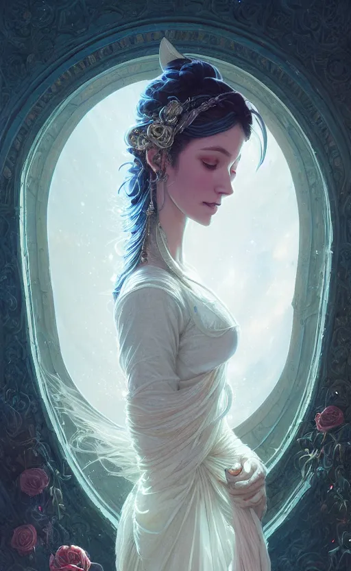 Image similar to highly detailed portrait of beautiful ethereal woman in ornate clothing, stephen bliss, unreal engine, fantasy art by greg rutkowski, loish, rhads, ferdinand knab, makoto shinkai and lois van baarle, ilya kuvshinov, rossdraws, tom bagshaw, global illumination, radiant light, detailed and intricate environment